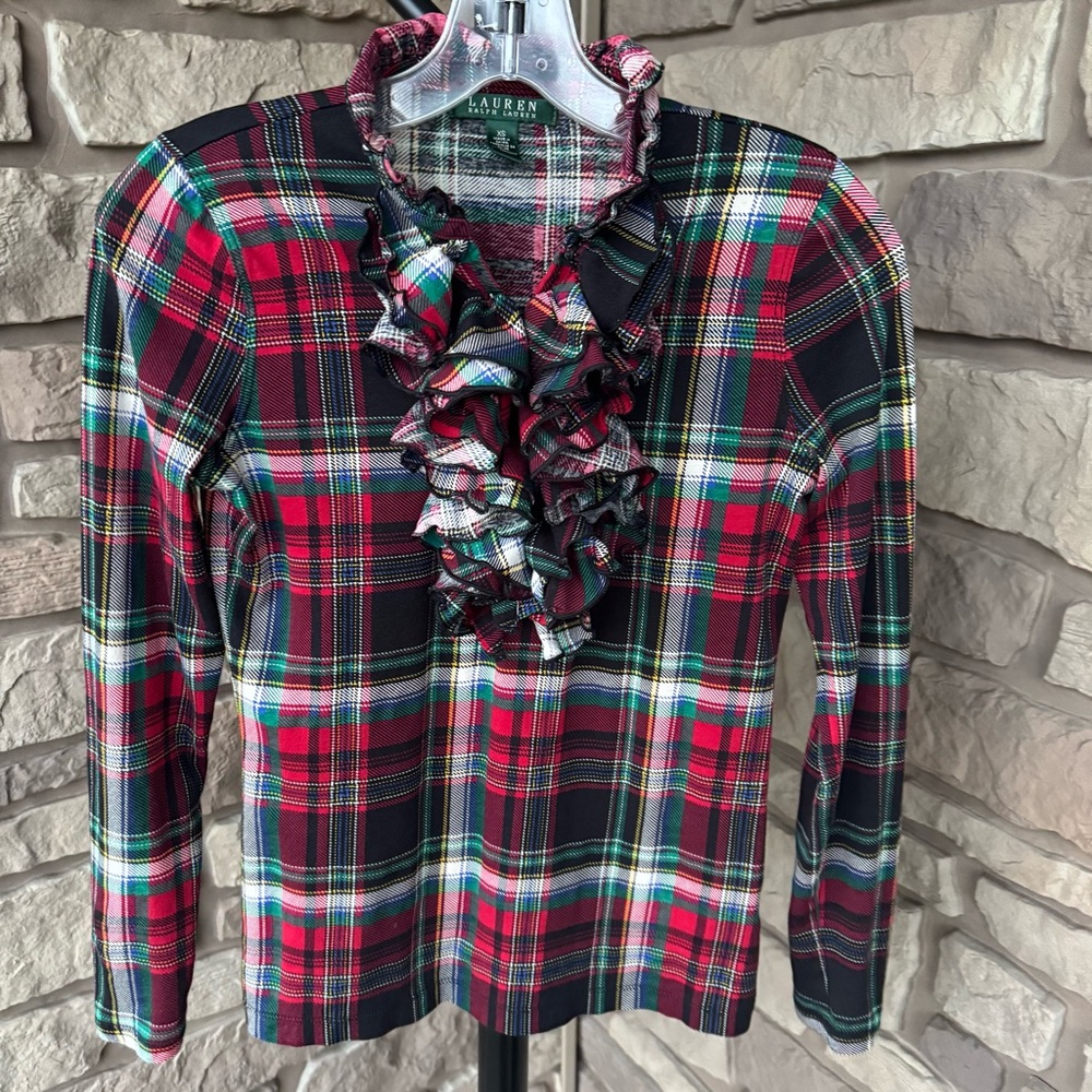 Lauren Ralph Lauren Tartan Plaid Ruffle Neck Top